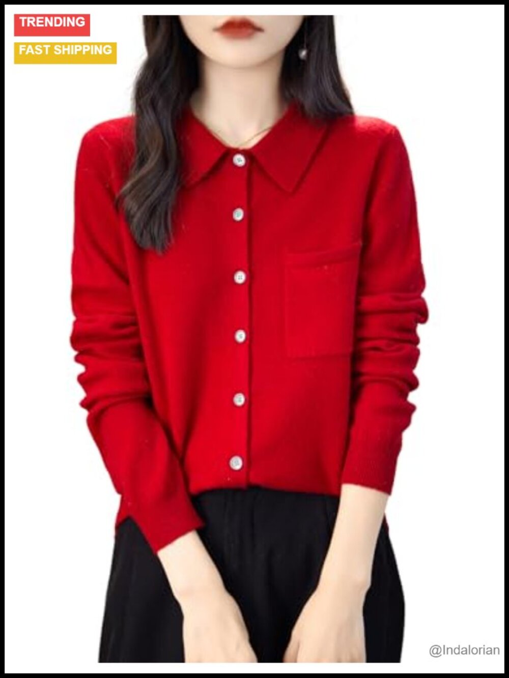 100% Merino Wool Polo Neck Cardigan Sweater Long Sleeve Knit with Pocket